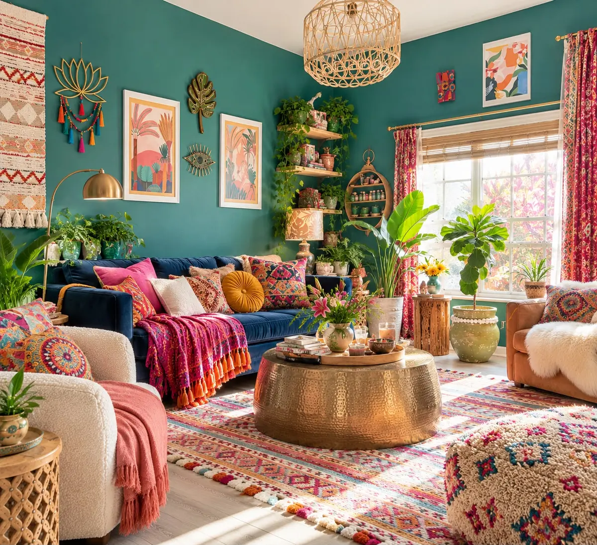 Colourful boho living room with plants and a brass coffee table